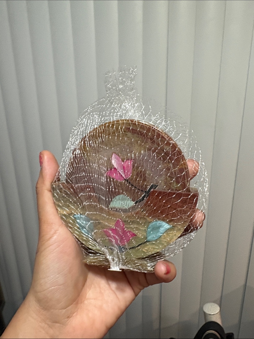 Hand-Painted Shell Trinket Dish with Pink & Blue Floral Motif